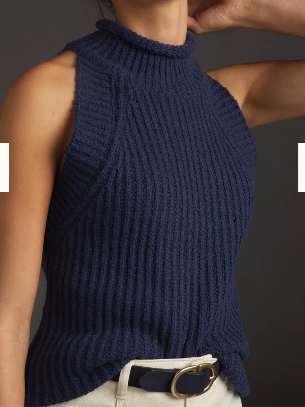 Anthropologie Navy Blue Ribbed Siobhan Sleeveless Sweater Mock Neck Tank Size XS